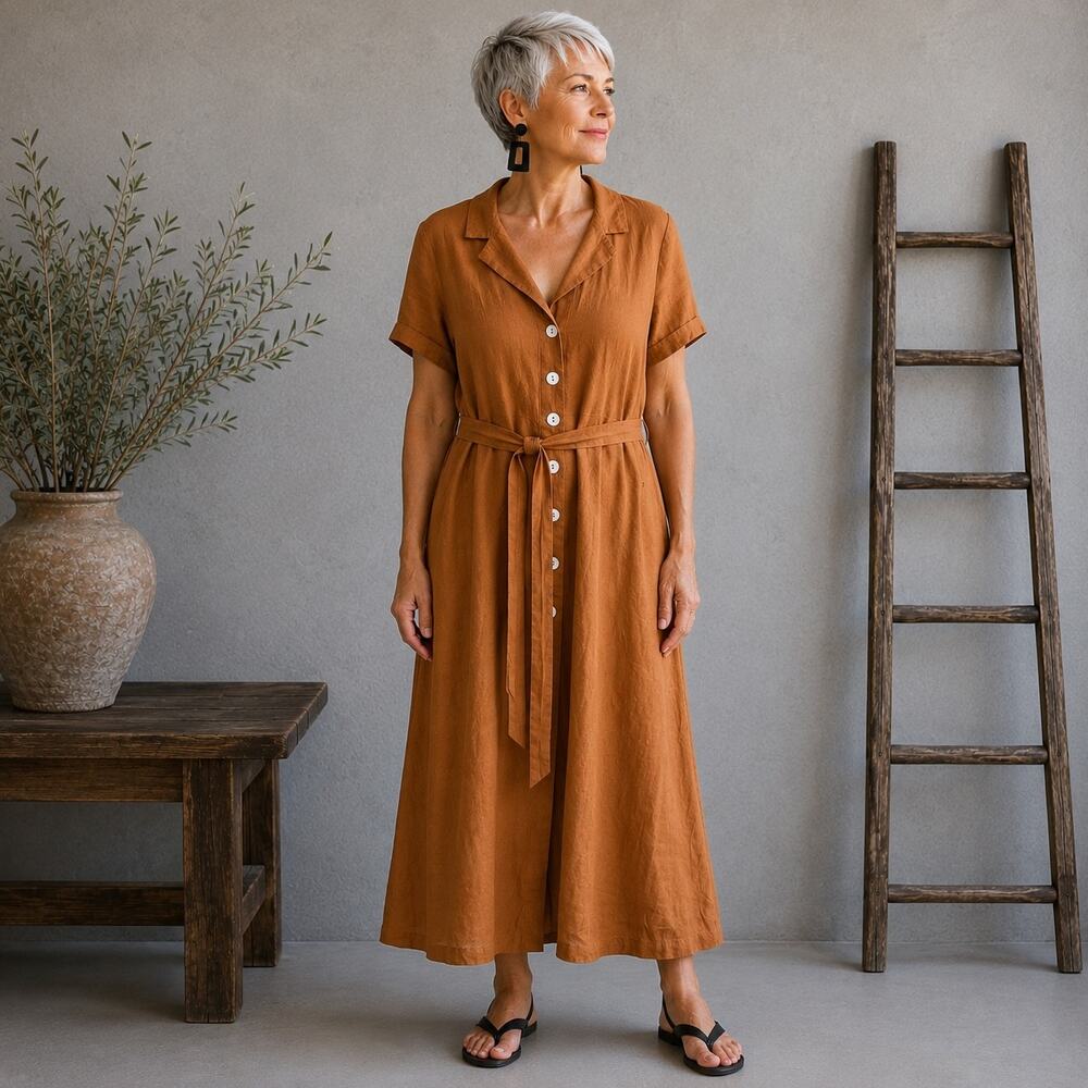 Quince Brown Short Sleeve Button Linen Midi Dress Large